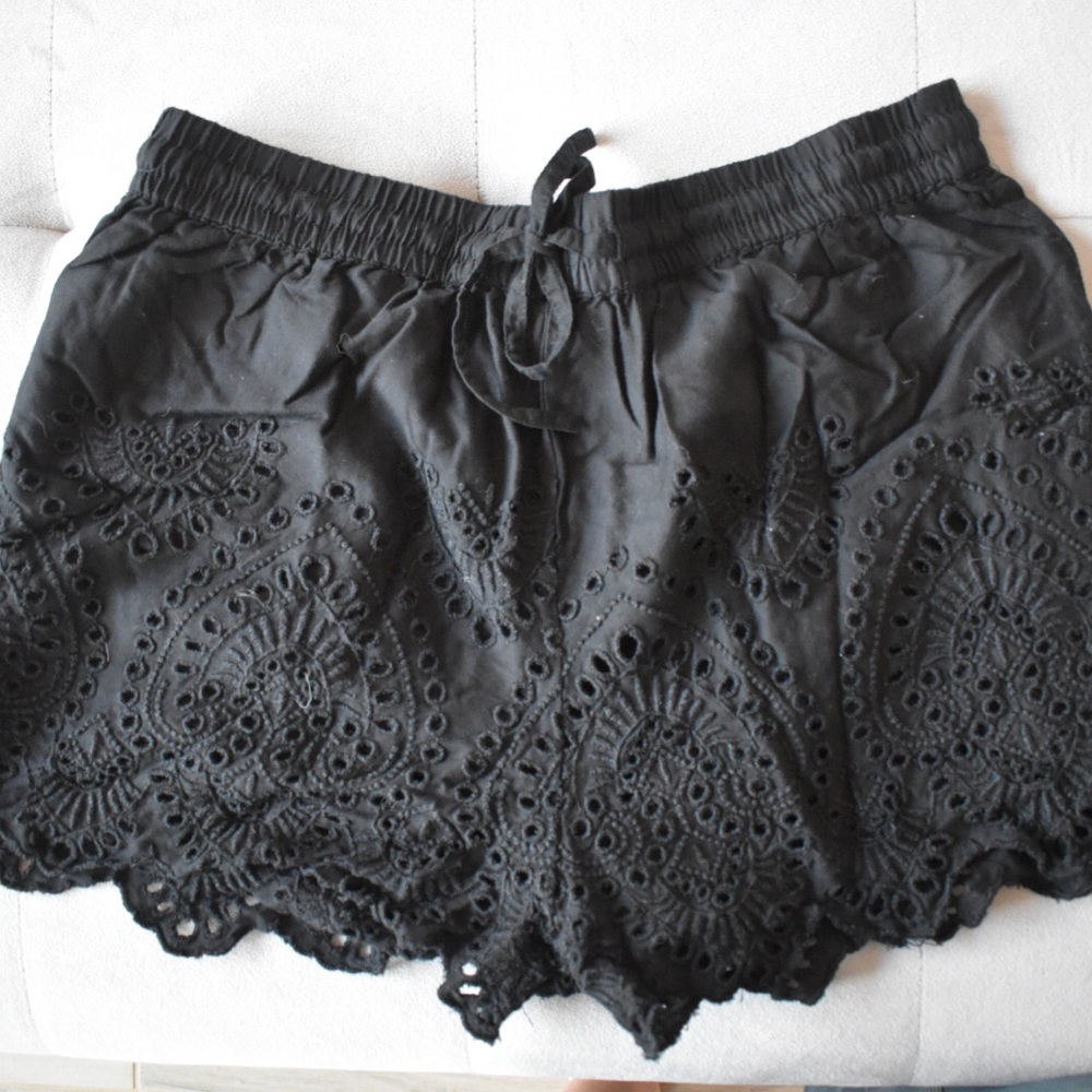 Black Eyelet Tie Waist Shorts